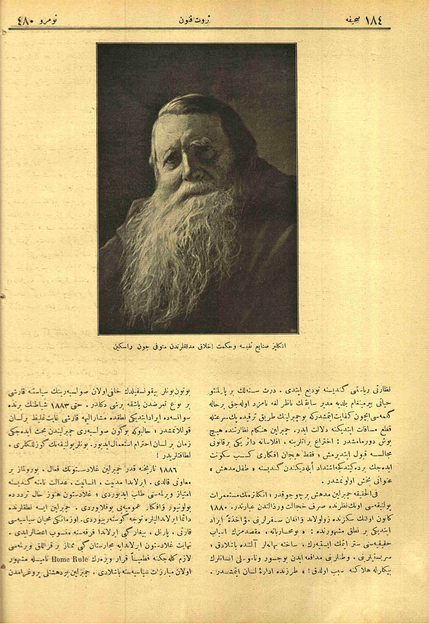 İngiliz Sanayi-i Nefise ve Hikmet-i Ahlak Müdekkiklerinden Müteveffa Con Raskin [John Ruskin]